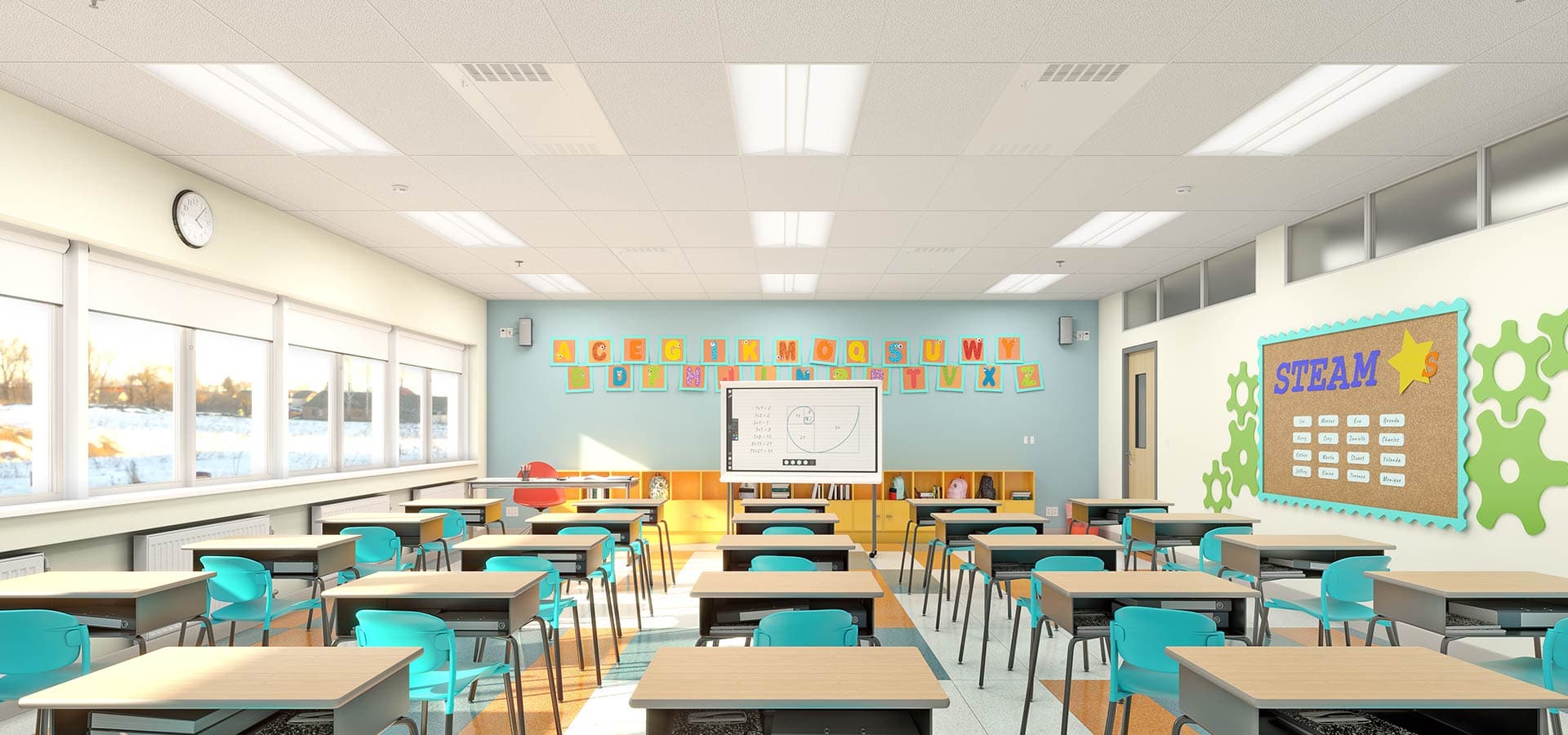 ceiling panels in a classroom using a controlled air disinfection solution.