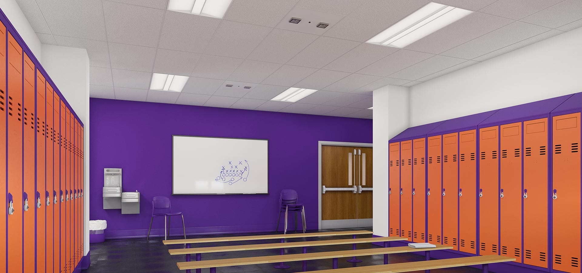 Locker room that uses light fixtures with pulsed xenon lamps for uv disinfection.
