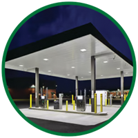 Image of a gas station and convenience store illustrating lighting solutions brochure.