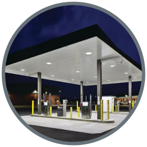 Image of a gas station and convenience store illustrating lighting solutions brochure. 