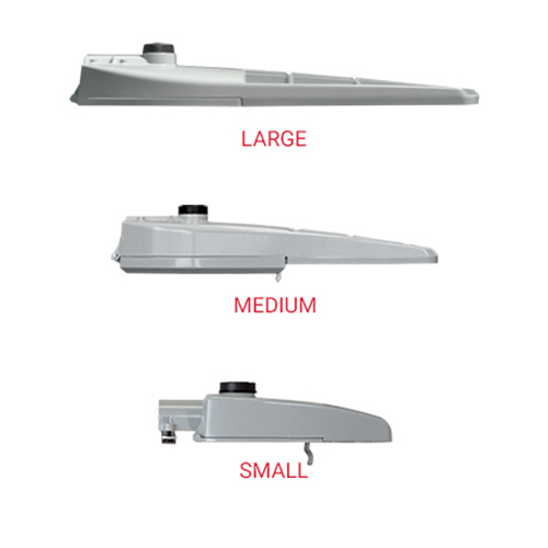 Autobahn roadway lights rectilinear form factor offered in sizes large, medium and small.