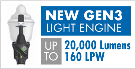 Holophane's Acorn lighting product called New Gen3 Light Engine with up to 20,000 Lumens and 160 LPW