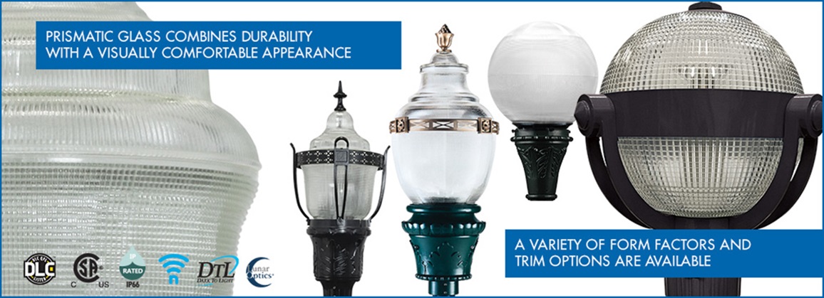 Holophane's Acorn line of prismatic glass LED post-top lighting in a variety of form factors and trim options.
