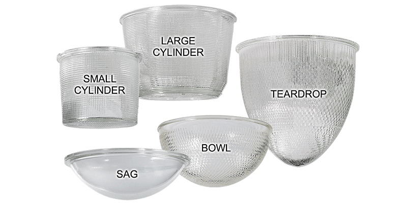 Five prismatic glass options -small cylinder, large cylinder, teardrop, bowl, and sag.