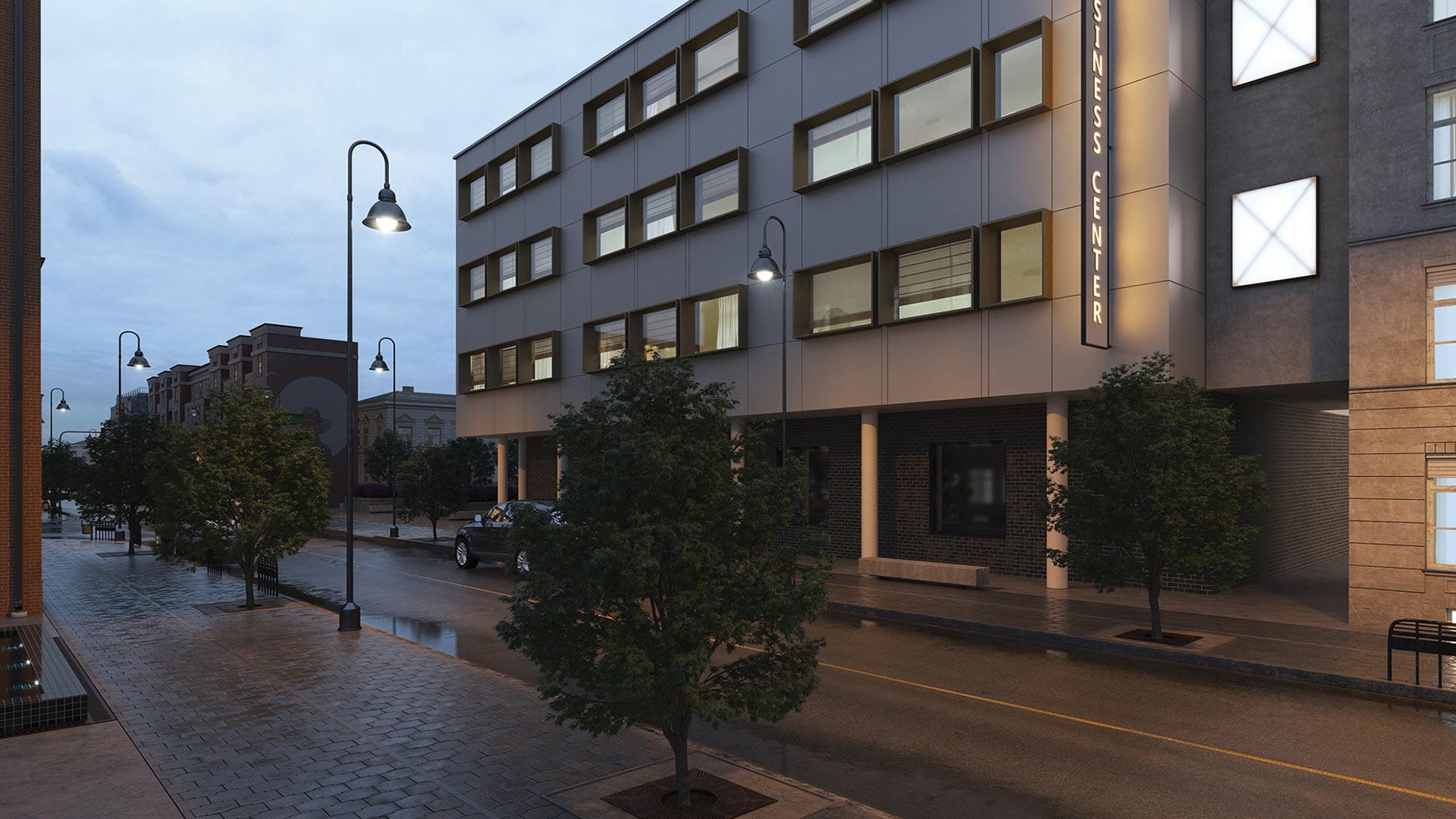GlasWerks® LED Bern® Prismatic Pendant Series shown lighting a roadway.