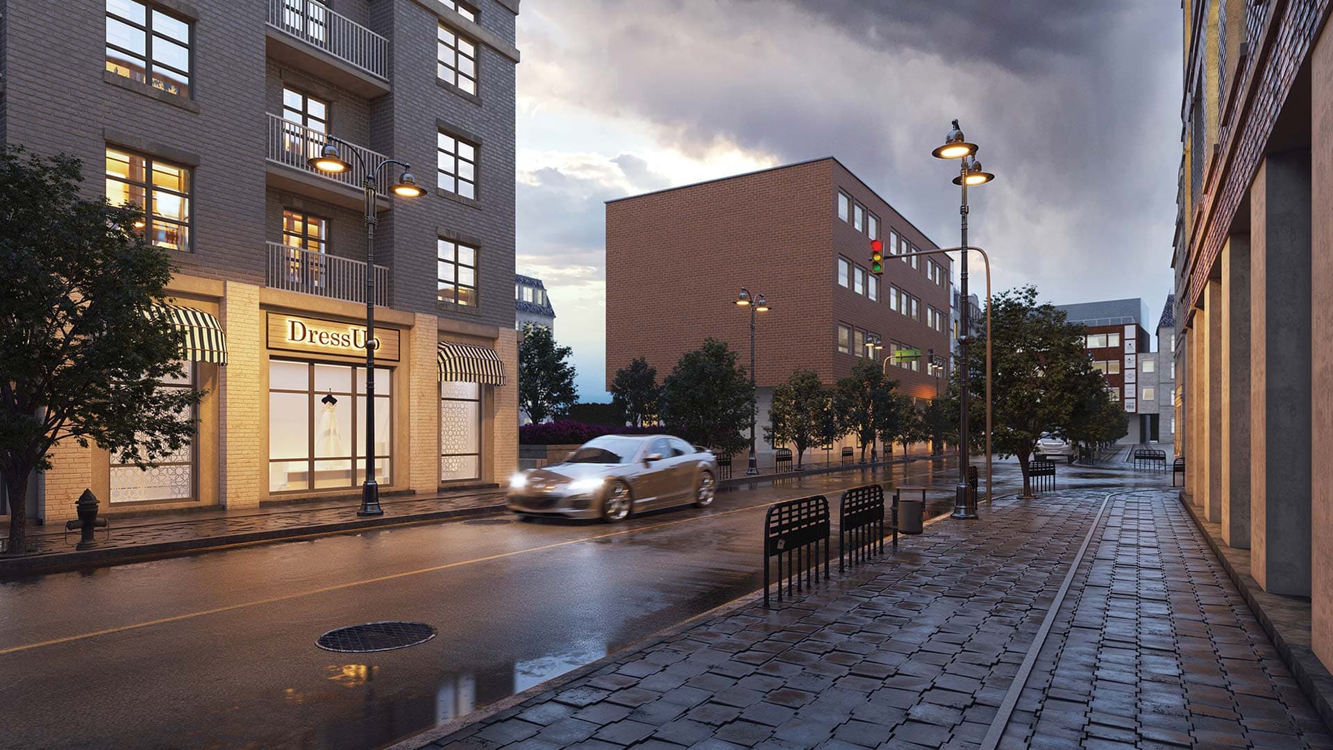 GlasWerks® LED Milan® Luminescent Pendant Series shown lighting a roadway at dusk.