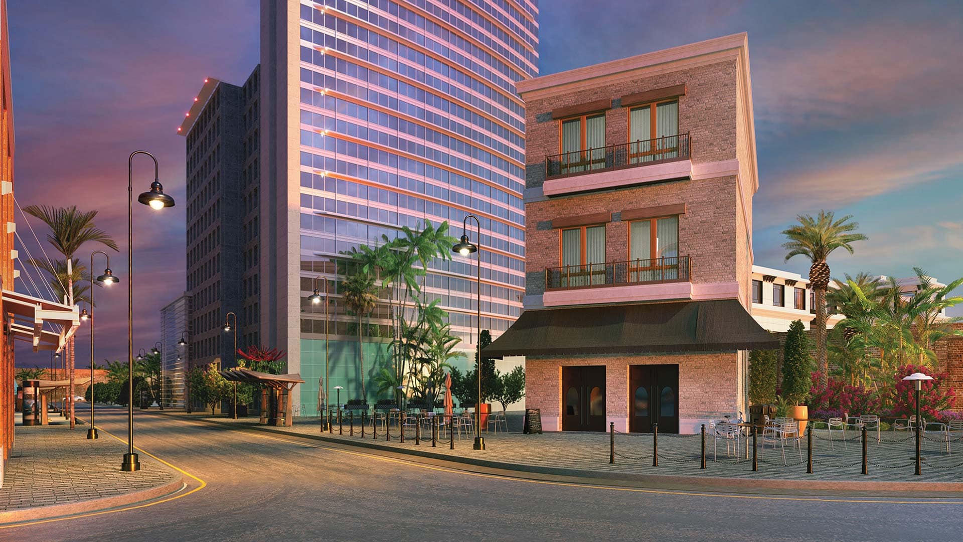 GlasWerks® LED Vienna® Prismatic Pendant Series shown lighting a roadway.