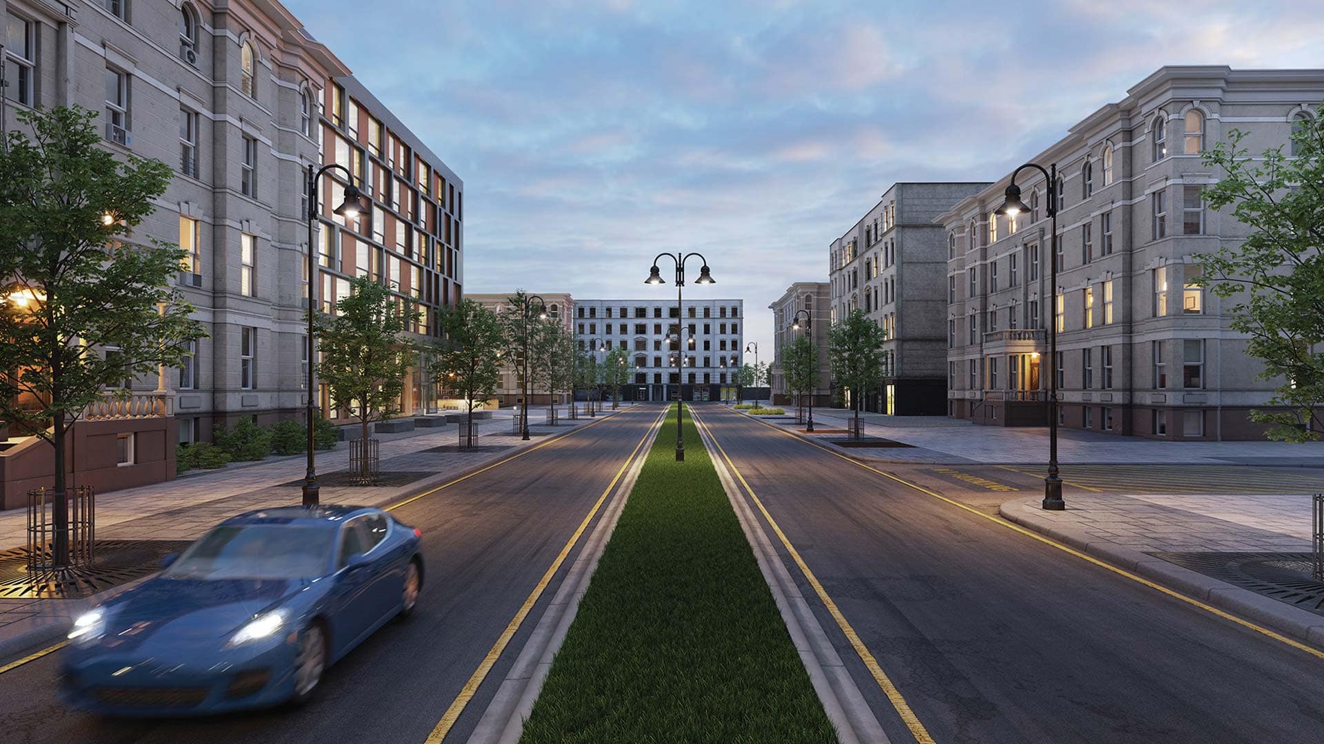 Roadway lighting with GlasWerks® LED Hallbrook® Prismatic Pendant Series.