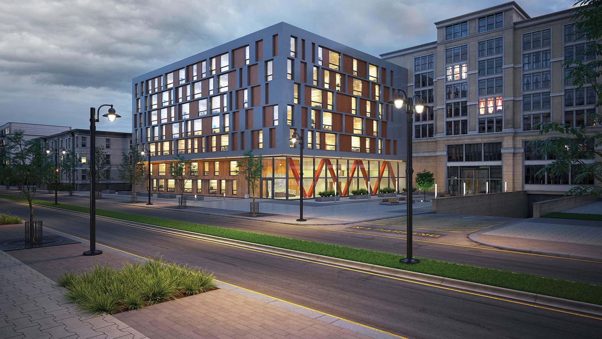 GlasWerks® LED Lyon® Prismatic Pendant Series shown lighting a roadway.