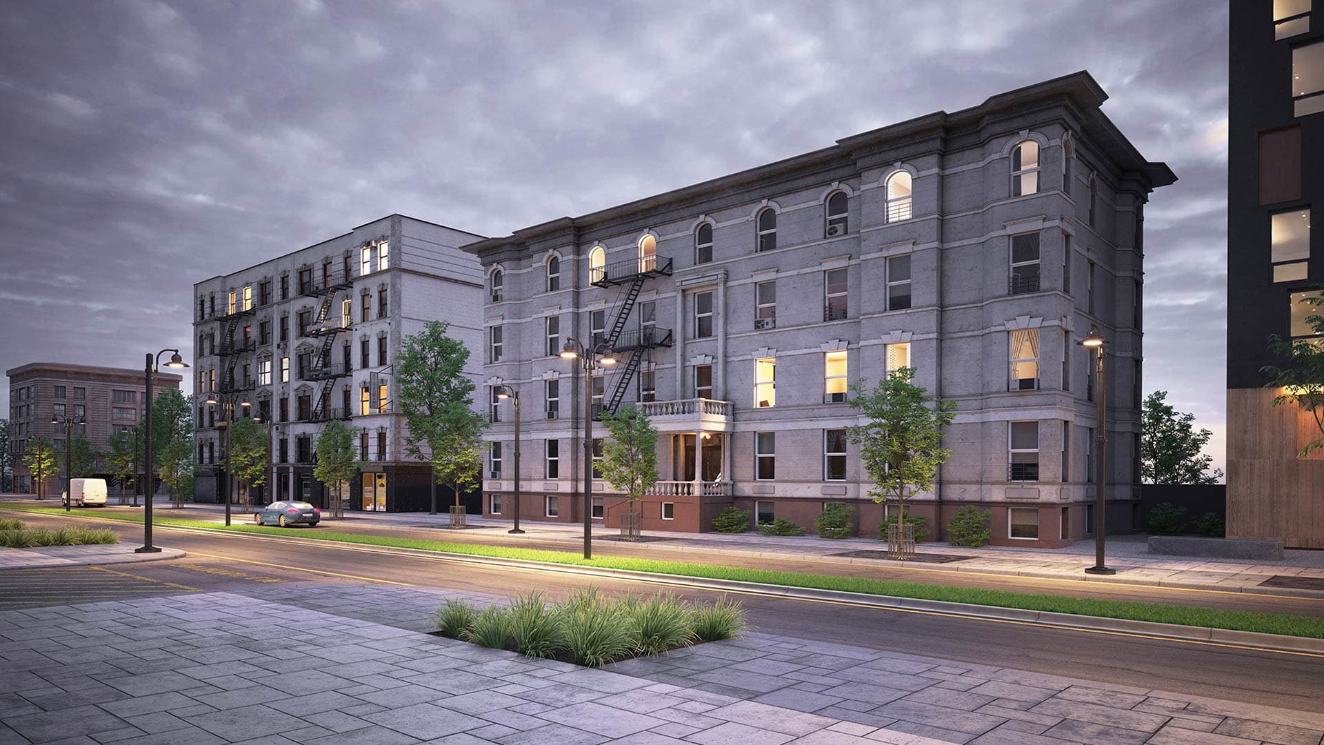 Roadway lighting with GlasWerks® LED Lyon® Luminescent Pendant Series.