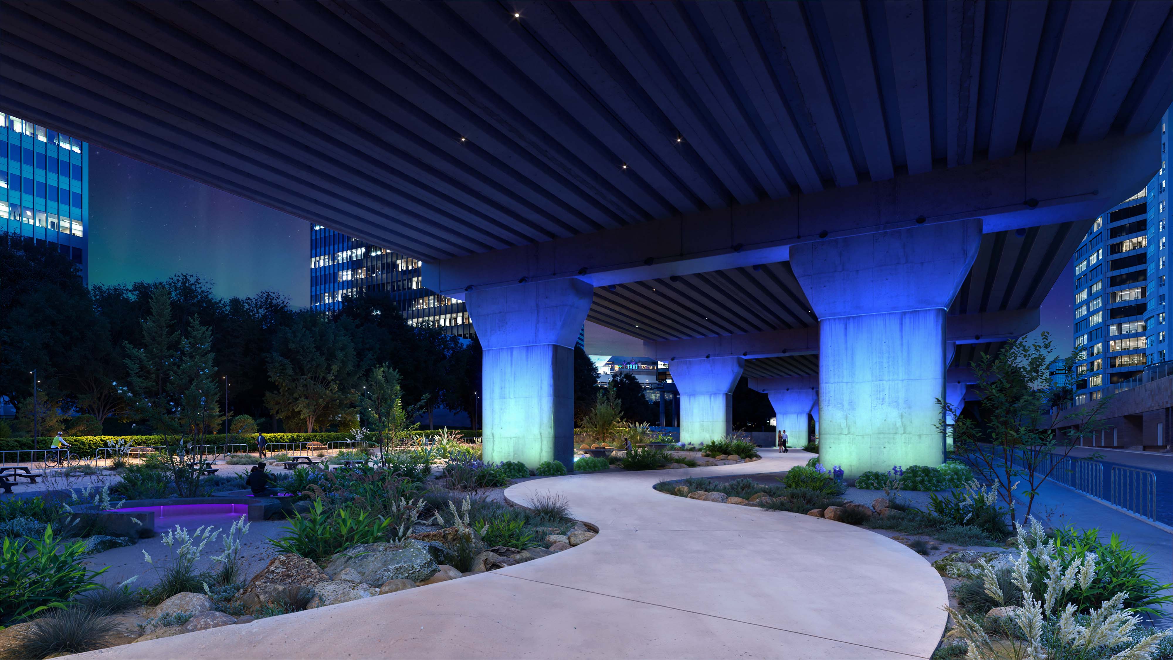 SAF Aurora floodlights used to light a walkway under a bridge