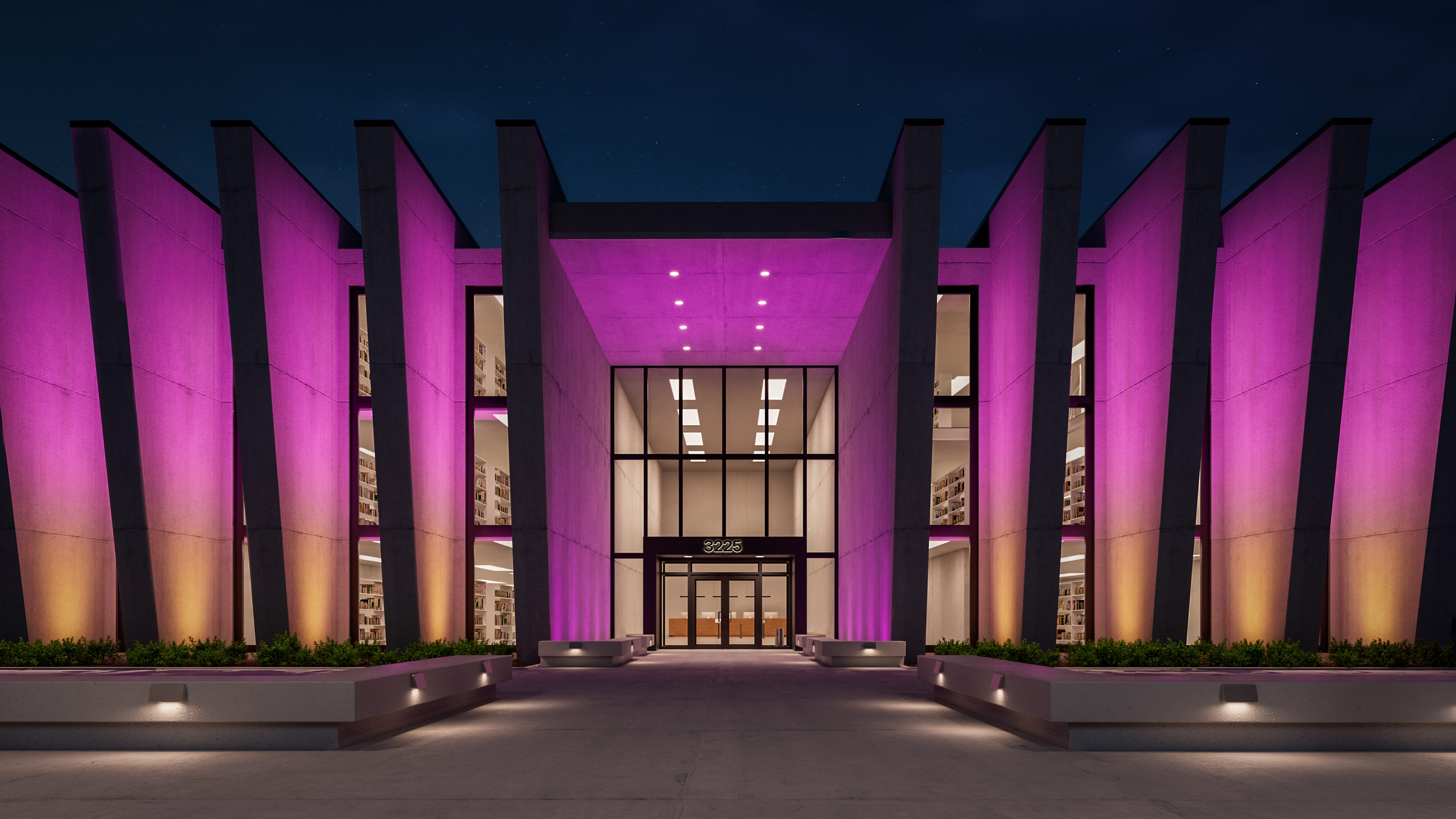 SAF Aurora floodlights light the outside of a library