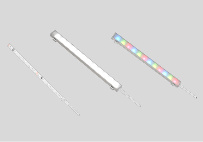 A rendering of the three options available for Juno Lighting's JFX LED undercabinet lighting solution.