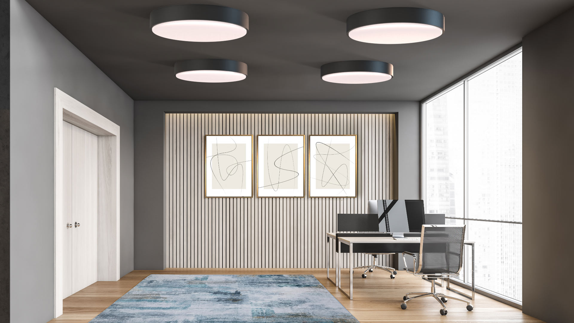 Direct ceiling luminaire in sleek home office.