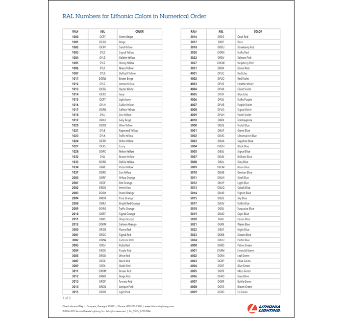 Lithonia RAL Colors by Number_700x650
